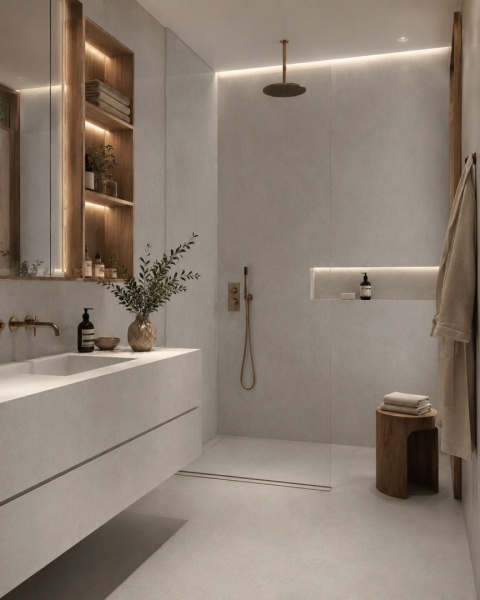 Luksusowa łazienka spa ze ścianami i blatem w spieku Florim Stone Sand Grey w jasnym, eleganckim stylu.