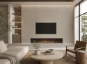 Salon z kominkiem i ścianą RTV wykończoną spiekiem FLORIM Stone Sand Ivory.