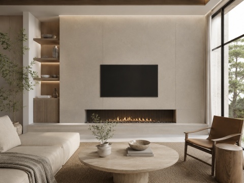 Salon z kominkiem i ścianą RTV wykończoną spiekiem FLORIM Stone Sand Ivory.