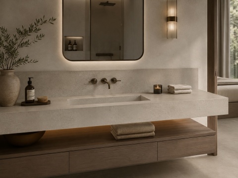 Łazienka z blatem ze spieku FLORIM Stone Sand Ivory i drewnianą zabudową w stylu spa