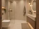 Mała łazienka w bloku z beżową okładziną Sandscape Beige, utrzymana w jasnym, nowoczesnym stylu.