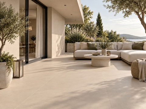 Nowoczesny taras wykończony płytą Sandscape Beige, z minimalistyczną aranżacją i widokiem na wodę.