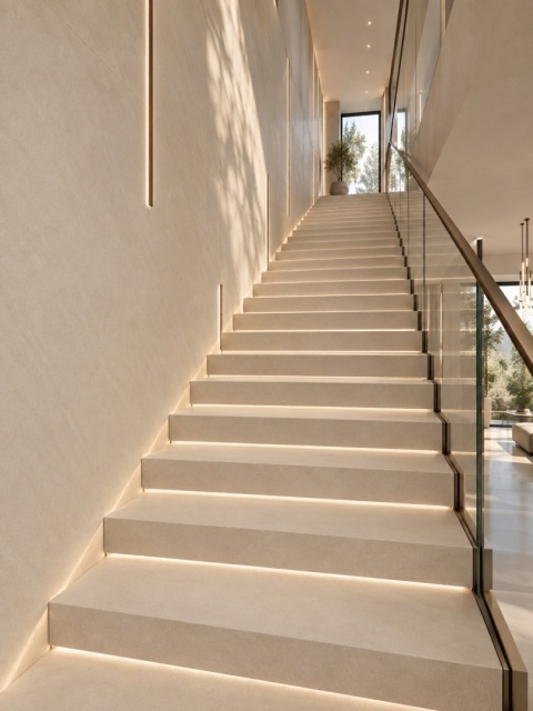 Nowoczesne, długie schody wykończone beżową płytą Sandscape Beige w eleganckim wnętrzu.