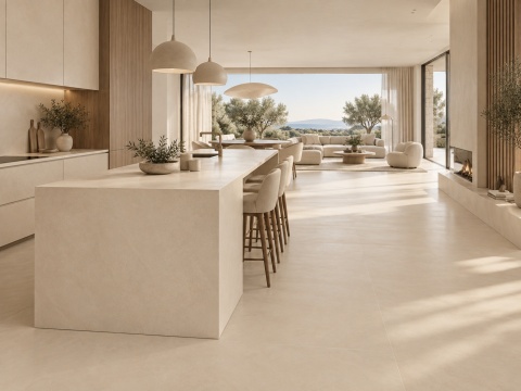 Jasna kuchnia otwarta na salon, z beżową powierzchnią Sandscape Beige i dużymi przeszkleniami.