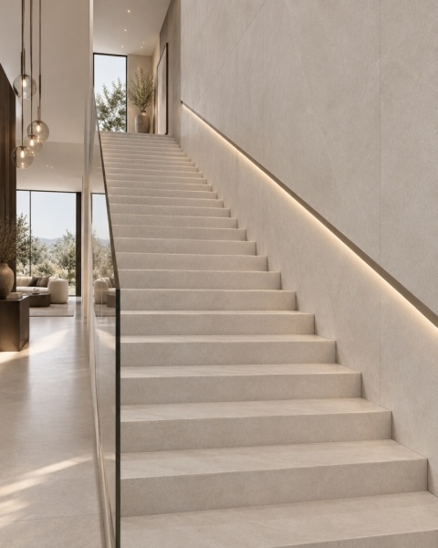 Długie eleganckie schody w minimalistycznym foyer, wykończone jasnoszarym spiekiem Sandscape Grey.