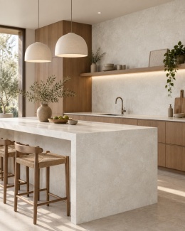 Kuchnia w stylu japandi z wyspą i ścianą ze spieku FLORIM Stone Shake Travertine oraz drewnem.