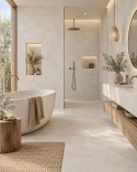 Łazienka spa ze ścianami wykończonymi spiekiem FLORIM Stone Shake Travertine i drewnianą zabudową.
