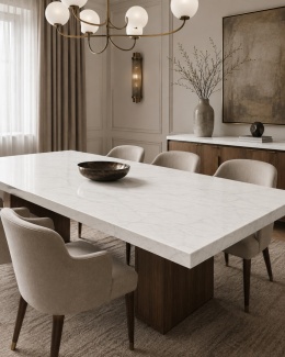 Elegancka jadalnia ze stołem wykończonym spiekiem Stone 01 w subtelnym marmurowym wzorze
