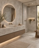 Łazienka w stylu spa z blatem i ścianami wykończonymi spiekiem FLORIM Stone Stone Gris.
