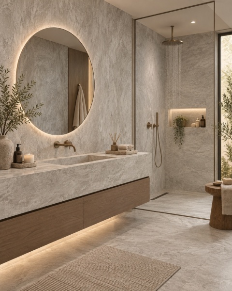 Łazienka w stylu spa z blatem i ścianami wykończonymi spiekiem FLORIM Stone Stone Gris.