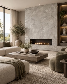 Nowoczesny salon z kominkiem wykończonym spiekiem FLORIM Stone Stone Gris i naturalnymi dodatkami.
