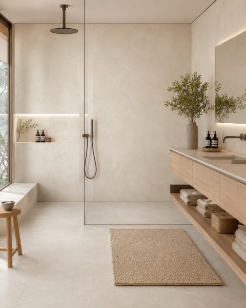 Jasna łazienka spa z prysznicem i okładziną ścienną FLORIM Stone Marfil