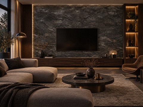 Salon ze ścianą TV wykończoną spiekiem FLORIM Stone Stone Noir i drewnianą zabudową.
