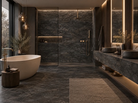 Elegancka łazienka z ciemnym spiekiem FLORIM Stone Stone Noir, wanną i ciepłym oświetleniem.