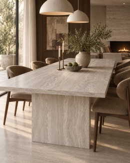 Elegancki stół z blatem z Travertine Nut 20 mm Matte Silk w jasnej jadalni.