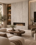 Salon z kominkiem wykończonym spiekiem Travertine Nut 6 mm Matte Silk w ciepłej aranżacji.