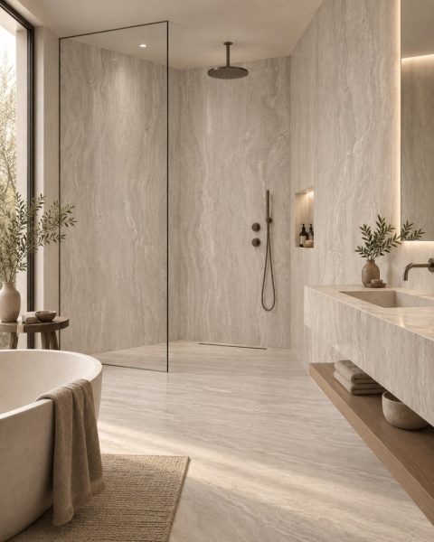 Łazienka wykończona FLORIM Stone Travertine Nut 6 mm Matte Silk z jasnym trawertynowym rysunkiem.