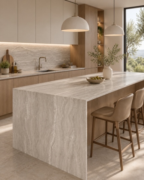 Nowoczesna kuchnia z wyspą z FLORIM Stone Travertine Nut 12 mm Matte Silk STU.