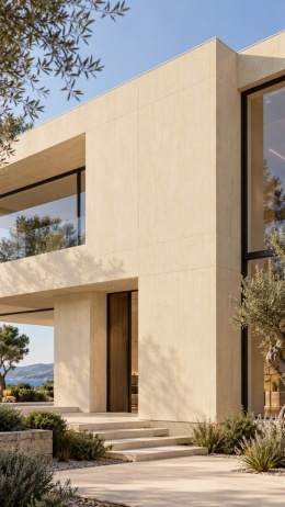 Laminam I Naturali Travertino Avorio 3+ mm jako okładzina elewacji nowoczesnego domu.