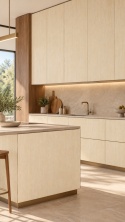 Laminam I Naturali Travertino Avorio 3+ mm na frontach zabudowy kuchennej w jasnym, ciepłym wnętrzu.