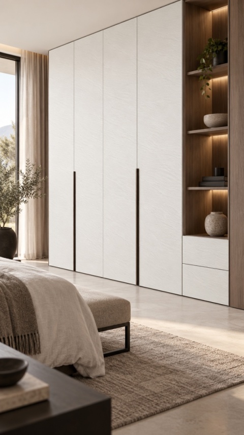 Laminam I Naturali Ardesia Bianco 5+ mm na frontach wysokiej zabudowy meblowej w sypialni.