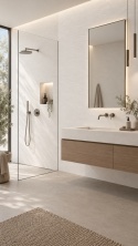 Laminam I Naturali Ardesia Bianco 5+ mm na ścianach nowoczesnej łazienki z drewnianą zabudową.