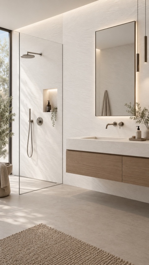 Laminam I Naturali Ardesia Bianco 5+ mm na ścianach nowoczesnej łazienki z drewnianą zabudową.