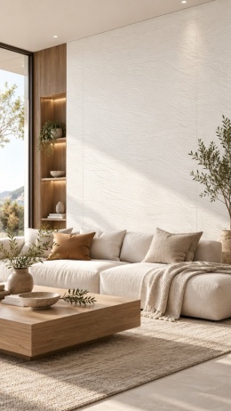 Laminam I Naturali Ardesia Bianco 5+ mm jako jasna okładzina ściany w nowoczesnym salonie.