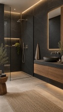 Laminam I Naturali Ardesia Nero A Spacco 5+ mm na ścianach nowoczesnej łazienki z drewnianą zabudową