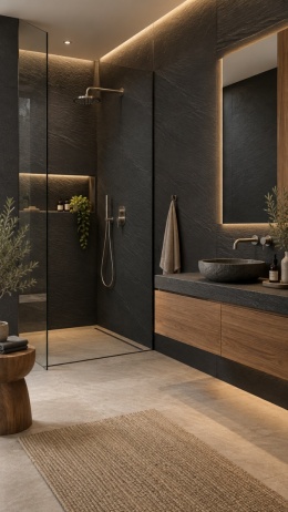 Laminam I Naturali Ardesia Nero A Spacco 5+ mm na ścianach nowoczesnej łazienki z drewnianą zabudową