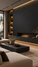 Laminam I Naturali Ardesia Nero A Spacco 5+ mm jako ciemna okładzina ściany z kominkiem w salonie.