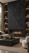 Laminam I Naturali Nero Greco 5 mm na ścianie z kominkiem w luksusowym salonie z drewnianymi detalami.