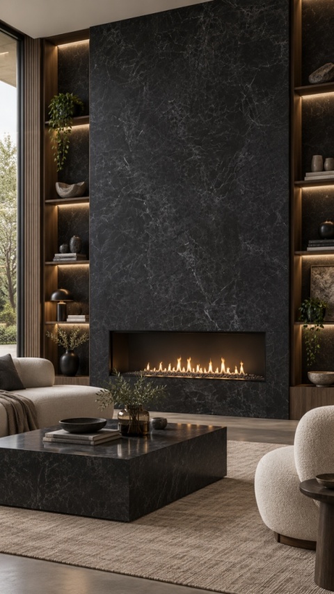 Laminam I Naturali Nero Greco 5 mm na ścianie z kominkiem w luksusowym salonie z drewnianymi detalami.