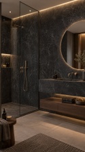 Laminam I Naturali Nero Greco 5 mm jako ciemna okładzina ścian w eleganckiej, nowoczesnej łazience.