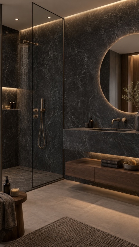 Laminam I Naturali Nero Greco 5 mm jako ciemna okładzina ścian w eleganckiej, nowoczesnej łazience.