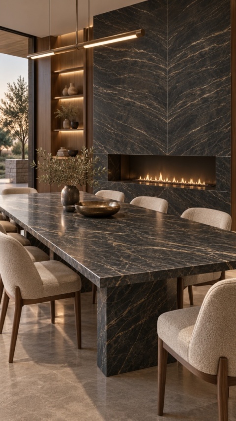 Laminam I Naturali Noir Desir Book Match 20 mm jako blat stołu i okładzina ściany z kominkiem.