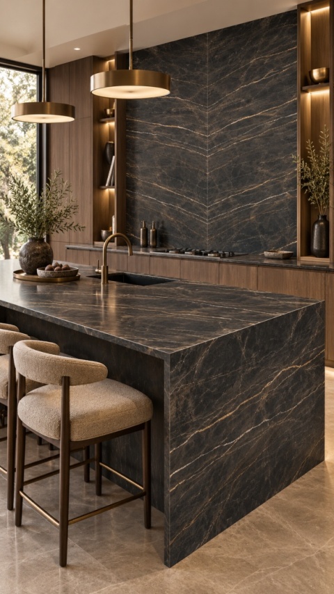 Laminam I Naturali Noir Desir Book Match 12 mm na wyspie kuchennej i ścianie w eleganckiej kuchni.