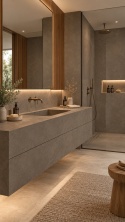 Laminam IN-SIDE Terra di Saturnia 12+ na blacie, umywalce i ścianach eleganckiej łazienki.