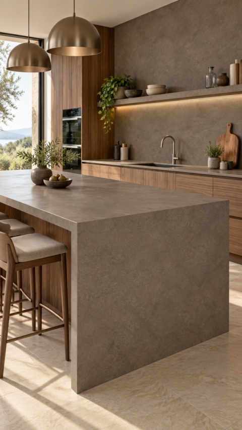 Laminam IN-SIDE Terra di Saturnia 12+ na wyspie i ścianie w nowoczesnej kuchni z drewnianą zabudową.