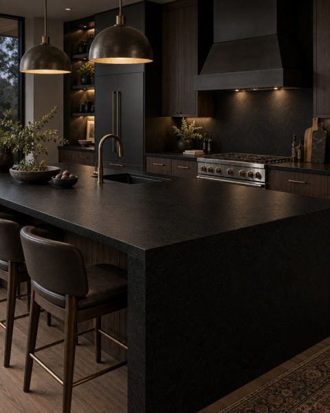 Elegancka ciemna kuchnia z wyspą i czarnym blatem Absolute Black, ciemne drewno, nastrojowe oświetlenie.