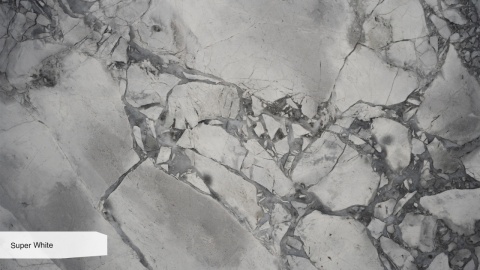 Zbliżenie powierzchni kwarcytu Super White z białymi i szarymi strukturami mineralnymi.