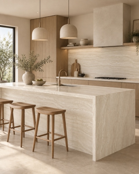 Kuchnia w stylu japandi z wyspą i ścianą ze spieku FLORIM Stone Pearl Travertine oraz drewnem.