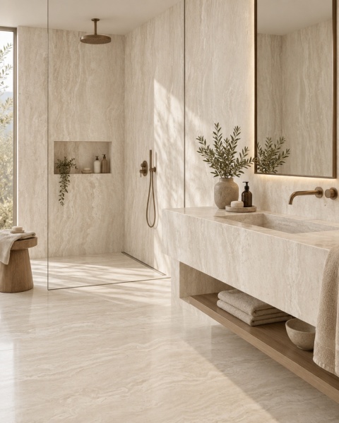 Luksusowa łazienka ze ścianami i blatem ze spieku FLORIM Stone Pearl Travertine w stylu spa.
