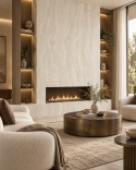 Nowoczesny salon z kominkiem wykończonym spiekiem FLORIM Stone Pearl Travertine i ciepłym drewnem.