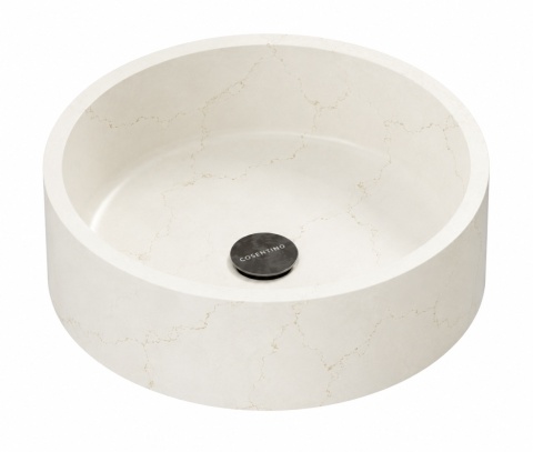 Umywalka Silestone Integrity Zoe Top Bao Blanc Élysée z charakterystycznym jasnym tłem i delikatnym złotawym użyleniem