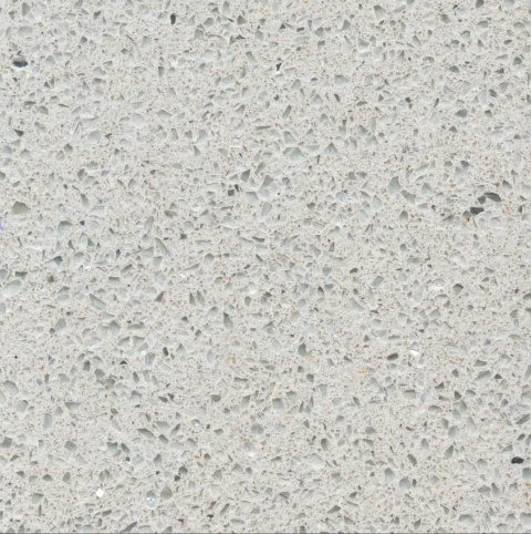 Silestone Stellar Blanco 13 w jasnej kolorystyce z gęsto rozmieszczonymi szarymi i półprzezroczystymi drobinami