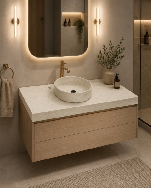 Umywalka nablatowa Zoe TOP Bao z blatem Silestone Versailles Ivory i złotą armaturą
