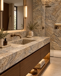 Elegancka łazienka z blatem, umywalką i ścianą prysznicową z granitu Canyon Gold w wykończeniu brushed.