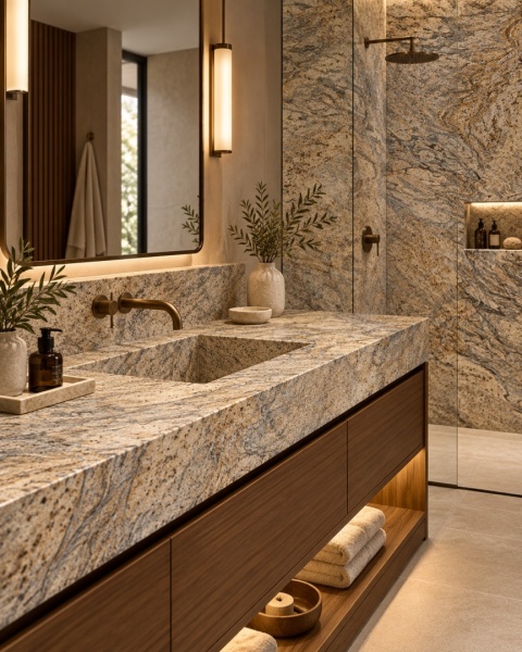 Elegancka łazienka z blatem, umywalką i ścianą prysznicową z granitu Canyon Gold w wykończeniu brushed.