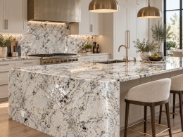 Elegancka kuchnia z wyspą z granitu Cassis w wykończeniu poler, z zaokrąglonymi rantami i jasną biało-szarą powierzchnią.